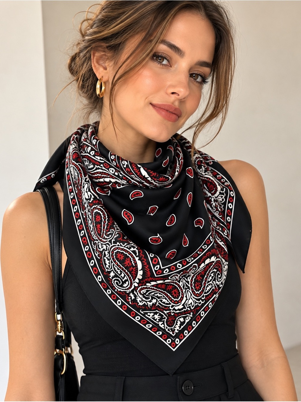 PULL&BEAR Black Red Paisley Bandana Print Square Scarf